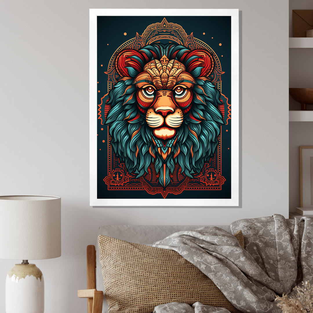 Portrait Of A Wild Lion Retro Illustration - Lion Framed Canvas Art