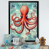 Retro Stamp Portrait Of Red Octopus - Octopus Large Canvas Wall Art