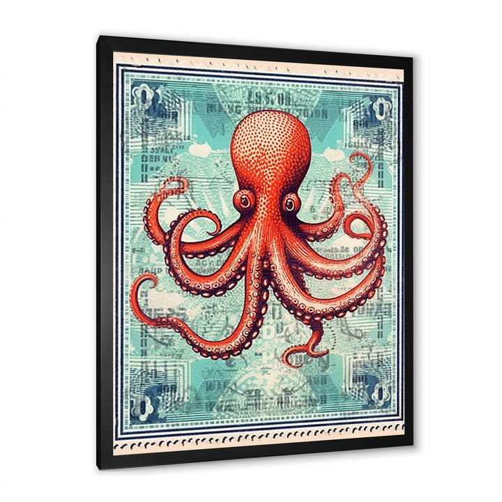 Retro Stamp Portrait Of Red Octopus - Octopus Large Canvas Wall Art