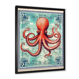 Retro Stamp Portrait Of Red Octopus - Octopus Large Canvas Wall Art