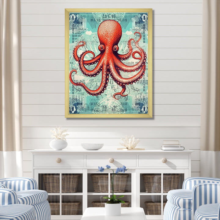 Retro Stamp Portrait Of Red Octopus - Octopus Large Canvas Wall Art