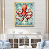Retro Stamp Portrait Of Red Octopus - Octopus Large Canvas Wall Art