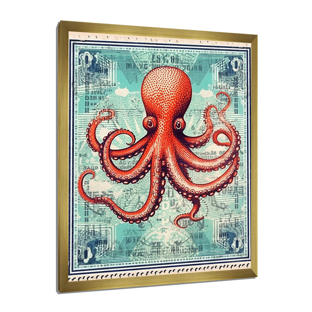 Retro Stamp Portrait Of Red Octopus - Octopus Large Canvas Wall Art