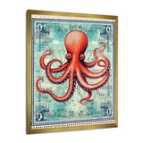 Retro Stamp Portrait Of Red Octopus - Octopus Large Canvas Wall Art