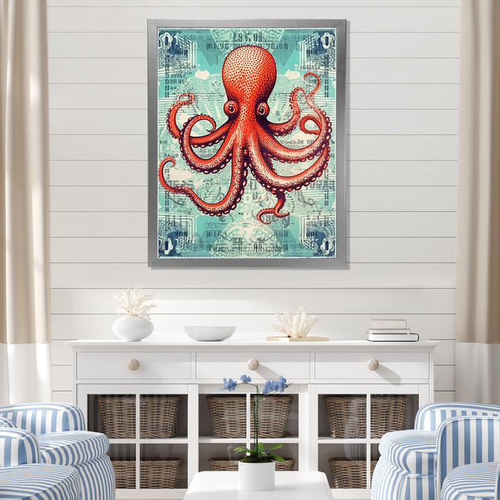 Retro Stamp Portrait Of Red Octopus - Octopus Large Canvas Wall Art