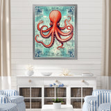 Retro Stamp Portrait Of Red Octopus - Octopus Large Canvas Wall Art