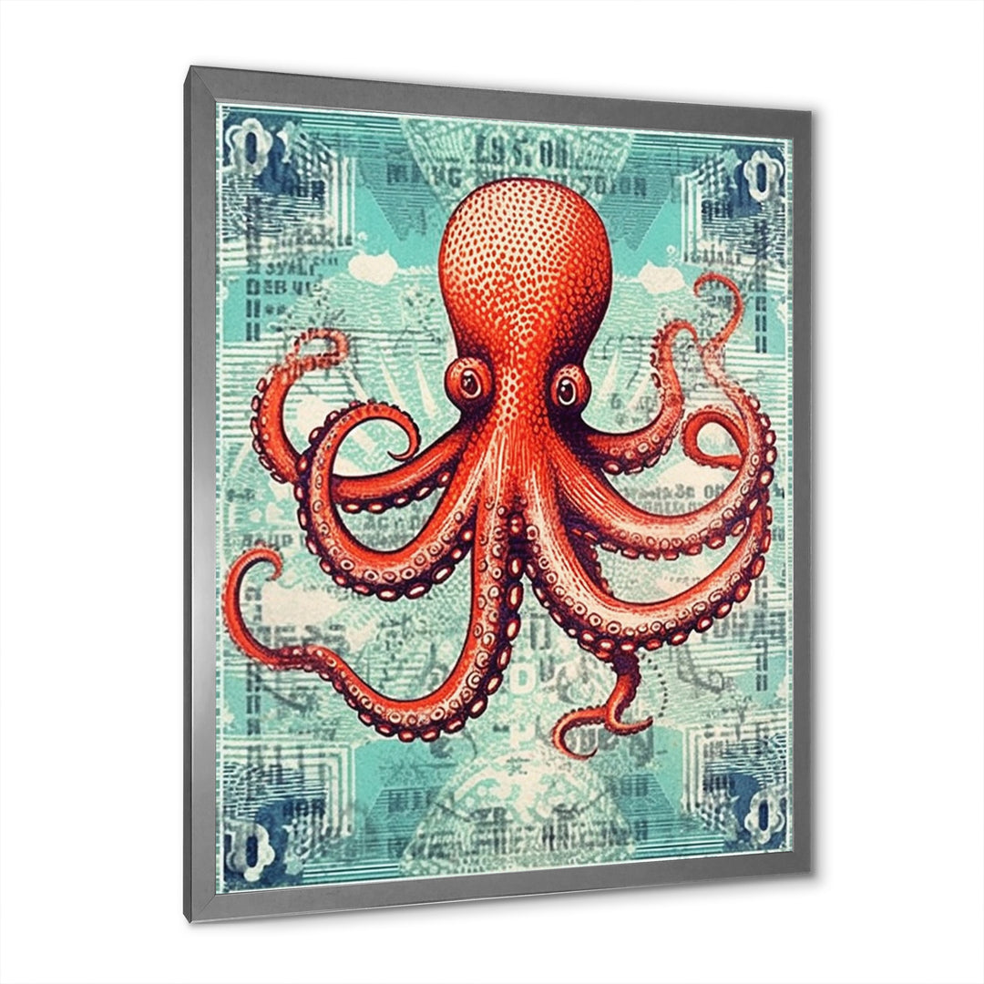 Retro Stamp Portrait Of Red Octopus - Octopus Large Canvas Wall Art