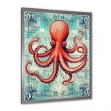 Retro Stamp Portrait Of Red Octopus - Octopus Large Canvas Wall Art