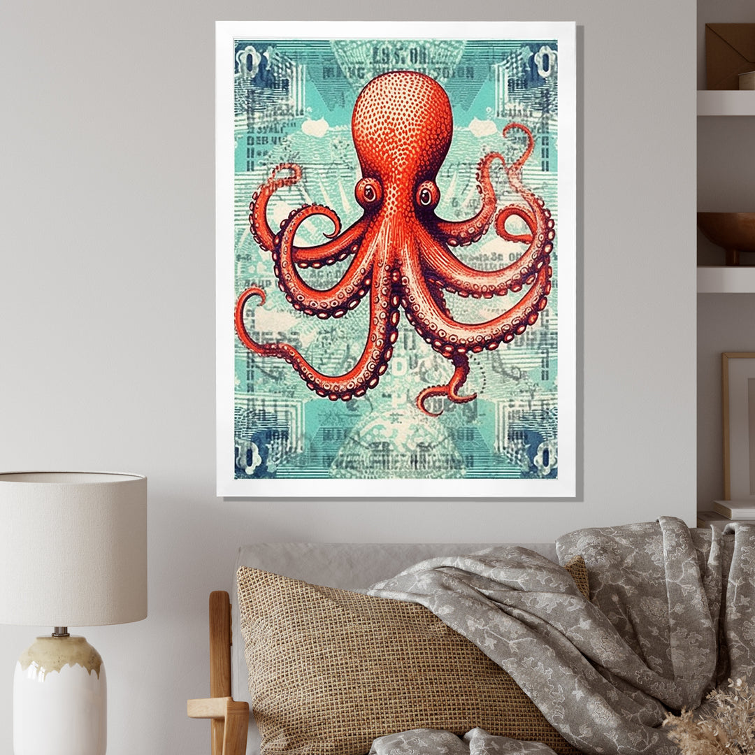 Retro Stamp Portrait Of Red Octopus - Octopus Large Canvas Wall Art