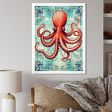 Retro Stamp Portrait Of Red Octopus - Octopus Large Canvas Wall Art