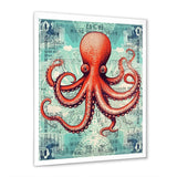Retro Stamp Portrait Of Red Octopus - Octopus Large Canvas Wall Art