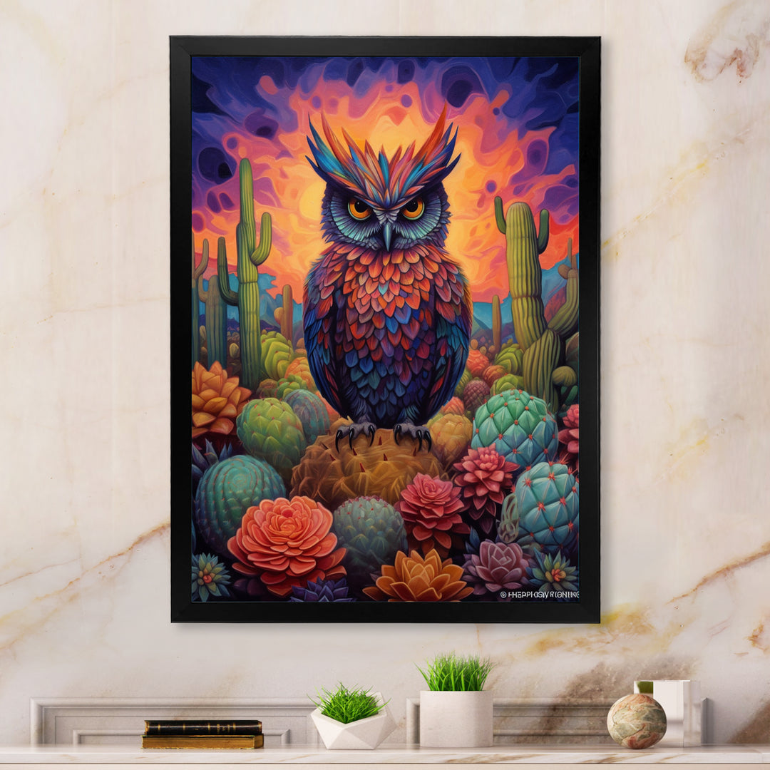 Purple Owl Surrounded By Cacti In The Desert - Owl Canvas Wall Art