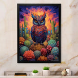 Purple Owl Surrounded By Cacti In The Desert - Owl Canvas Wall Art