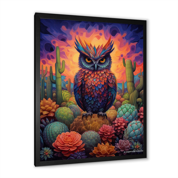 Purple Owl Surrounded By Cacti In The Desert - Owl Canvas Wall Art