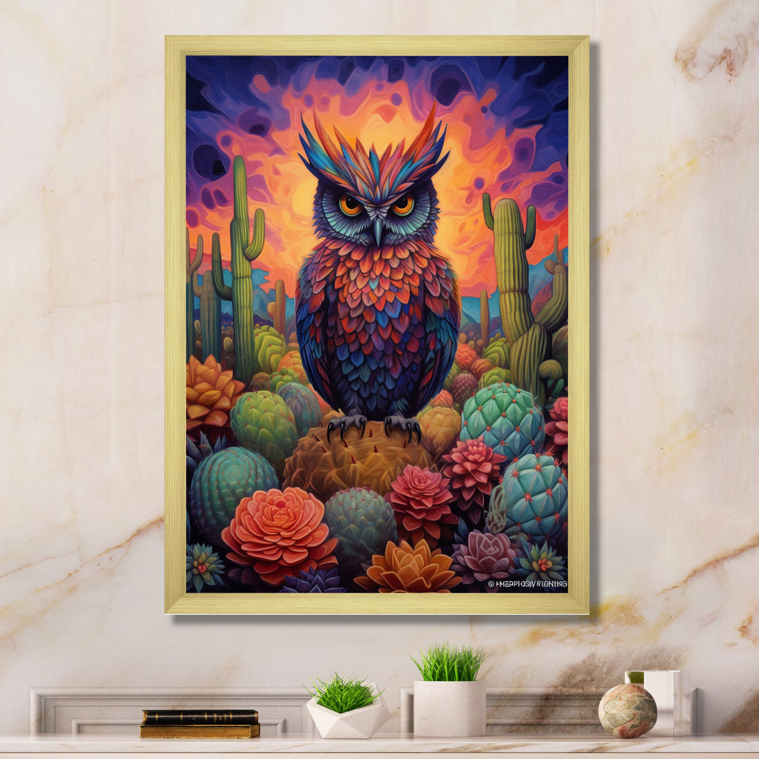 Purple Owl Surrounded By Cacti In The Desert - Owl Canvas Wall Art