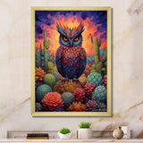 Purple Owl Surrounded By Cacti In The Desert - Owl Canvas Wall Art