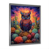 Purple Owl Surrounded By Cacti In The Desert - Owl Canvas Wall Art