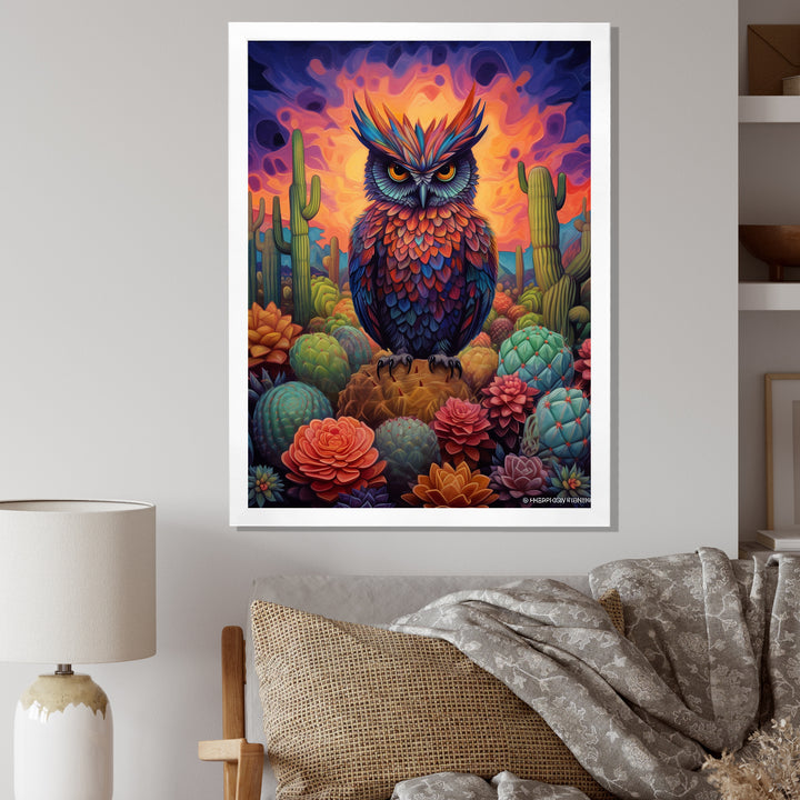 Purple Owl Surrounded By Cacti In The Desert - Owl Canvas Wall Art
