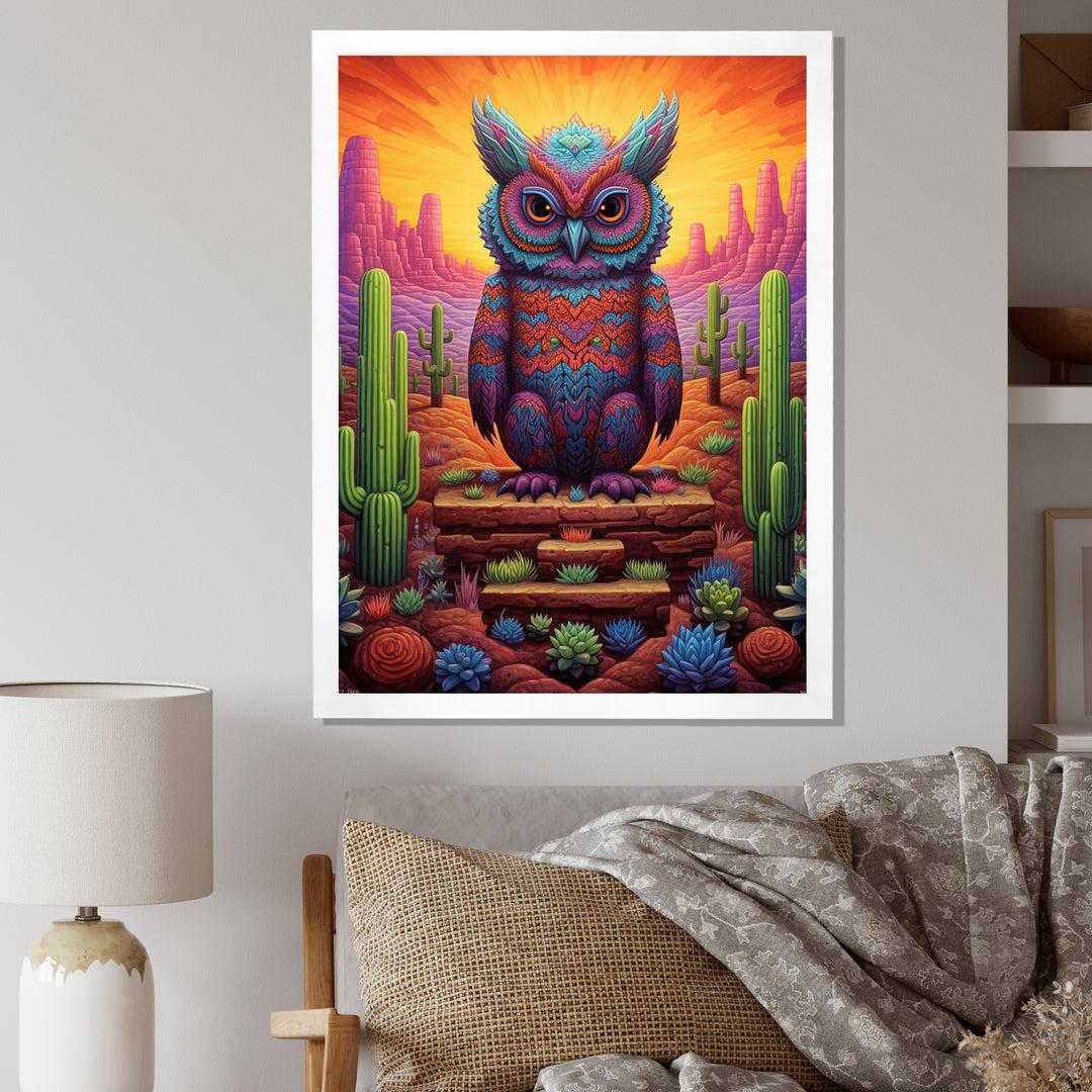 Glorious Owl Surrounded By Cacti In The Desert - Owl Wall Decor