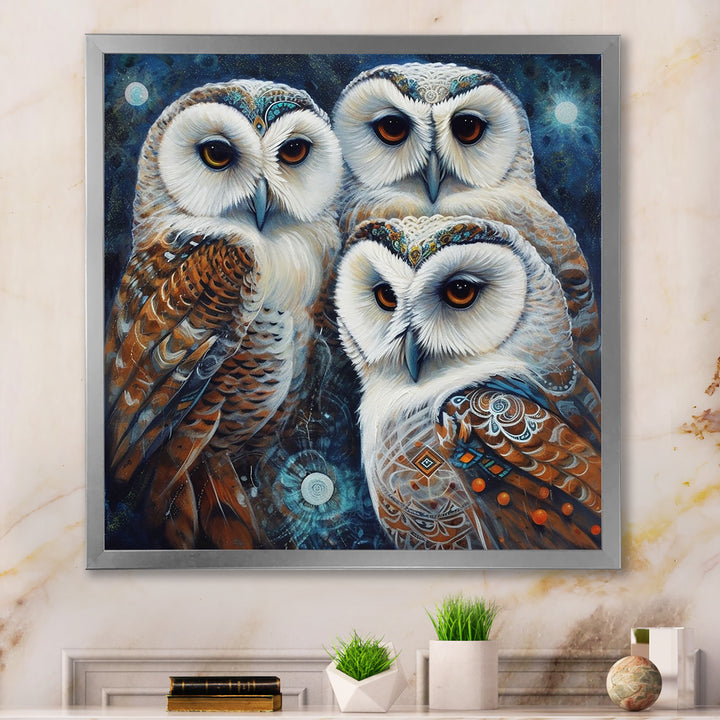 White Owl Gathering - Owl Large Canvas Wall Art