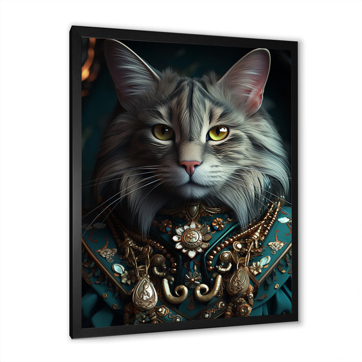 Portrait Of Majestic Cat Retro Royal Glam Outfit - Green Owl Wall Art