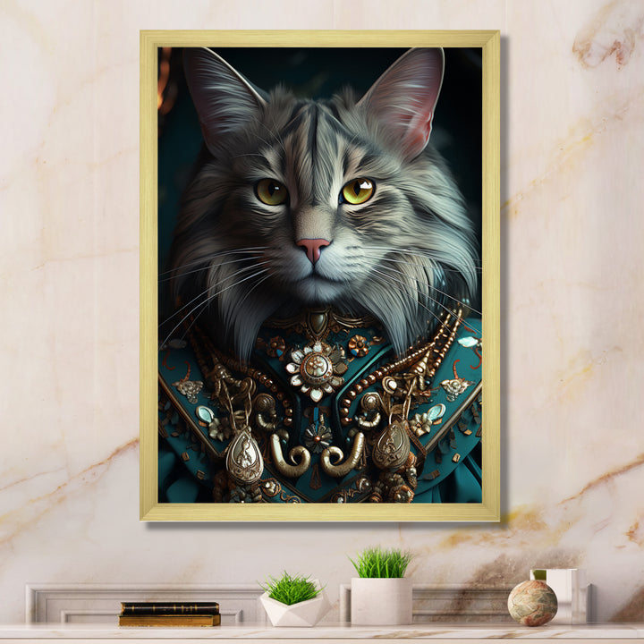 Portrait Of Majestic Cat Retro Royal Glam Outfit - Green Owl Wall Art