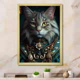 Portrait Of Majestic Cat Retro Royal Glam Outfit - Green Owl Wall Art