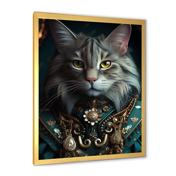 Portrait Of Majestic Cat Retro Royal Glam Outfit - Green Owl Wall Art