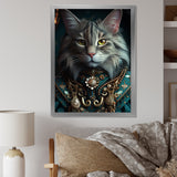 Portrait Of Majestic Cat Retro Royal Glam Outfit - Green Owl Wall Art
