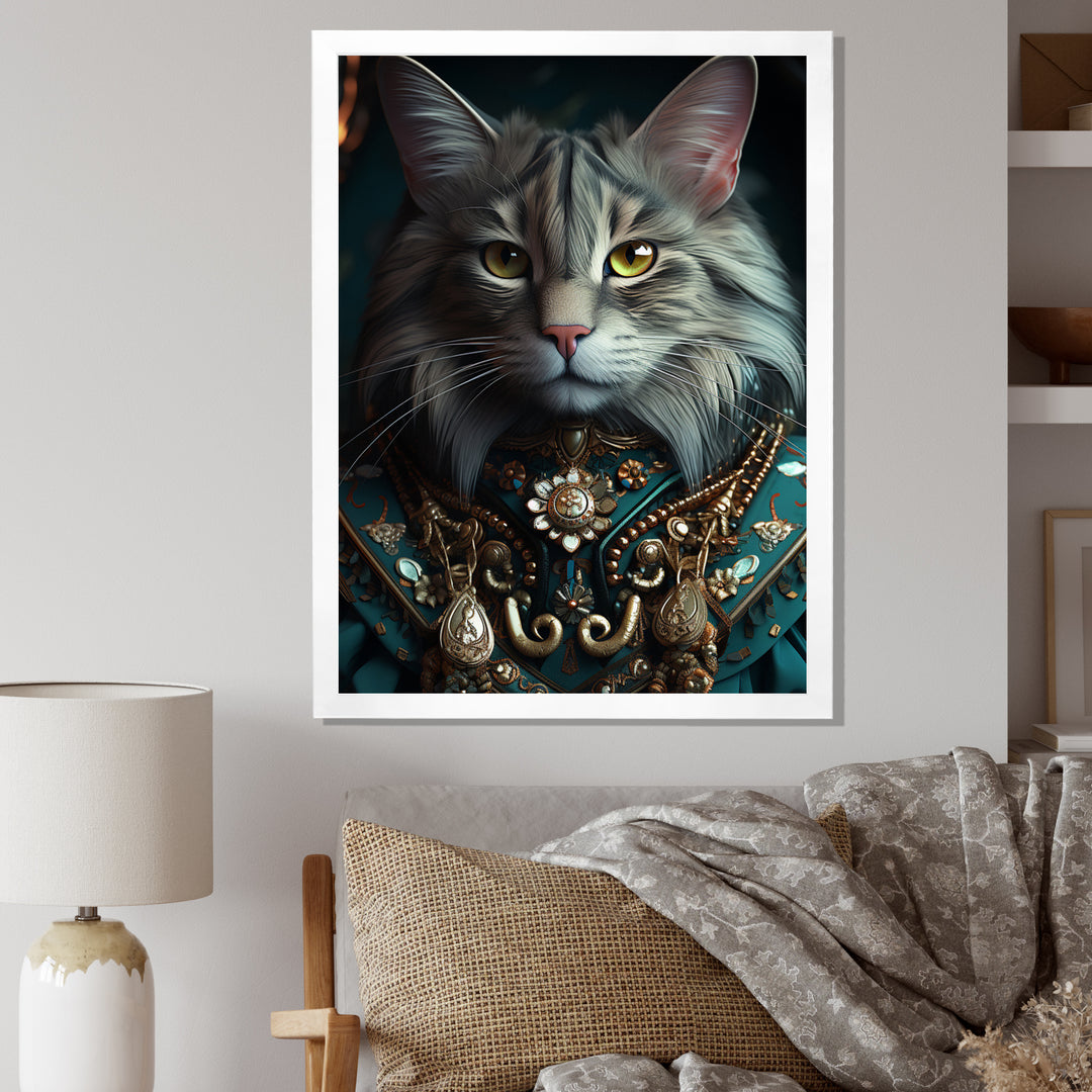 Portrait Of Majestic Cat Retro Royal Glam Outfit - Green Owl Wall Art