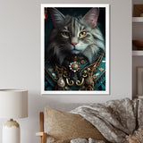 Portrait Of Majestic Cat Retro Royal Glam Outfit - Green Owl Wall Art