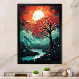 Magical Red Tree Next To Full Moon River - Owl Living Room Wall Art