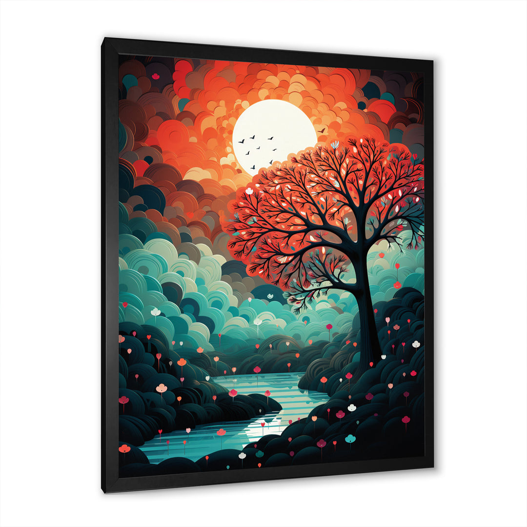 Magical Red Tree Next To Full Moon River - Owl Living Room Wall Art