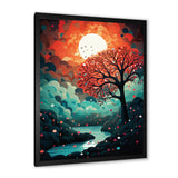 Magical Red Tree Next To Full Moon River - Owl Living Room Wall Art