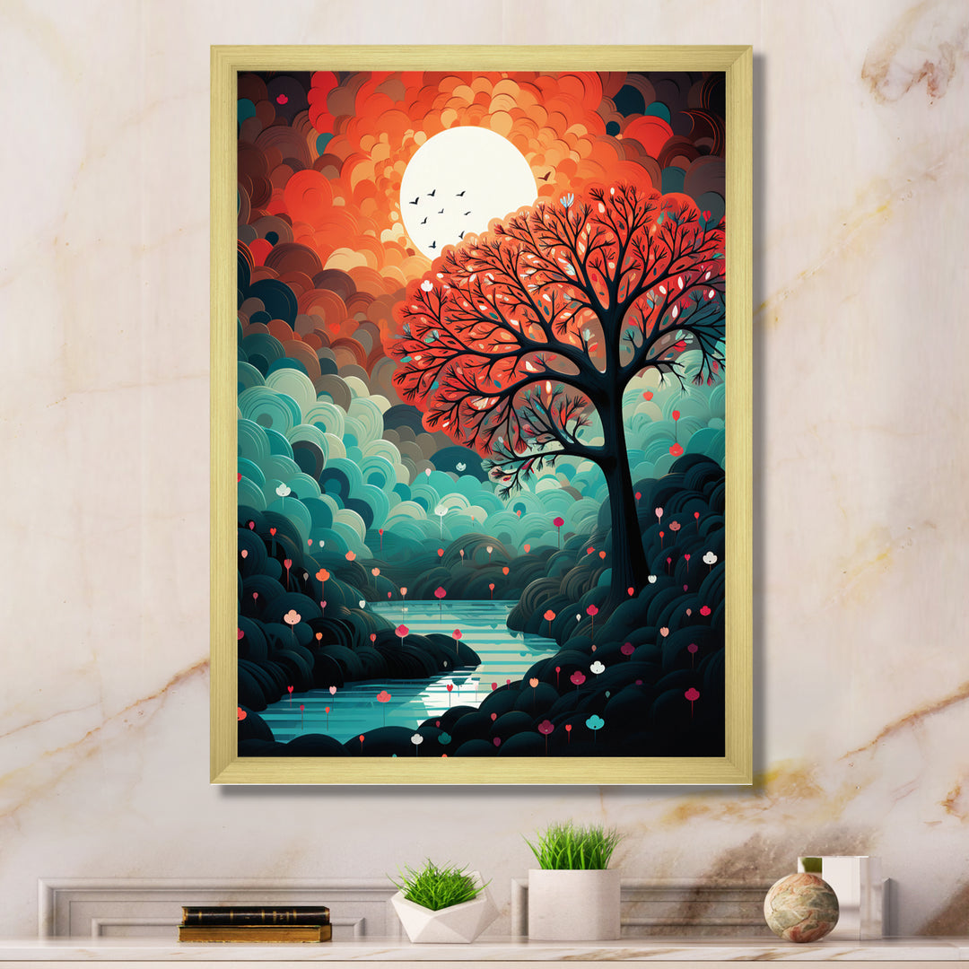 Magical Red Tree Next To Full Moon River - Owl Living Room Wall Art