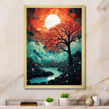 Magical Red Tree Next To Full Moon River - Owl Living Room Wall Art