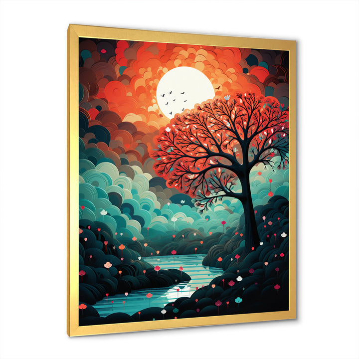 Magical Red Tree Next To Full Moon River - Owl Living Room Wall Art