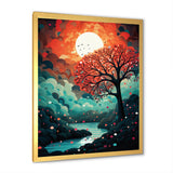 Magical Red Tree Next To Full Moon River - Owl Living Room Wall Art