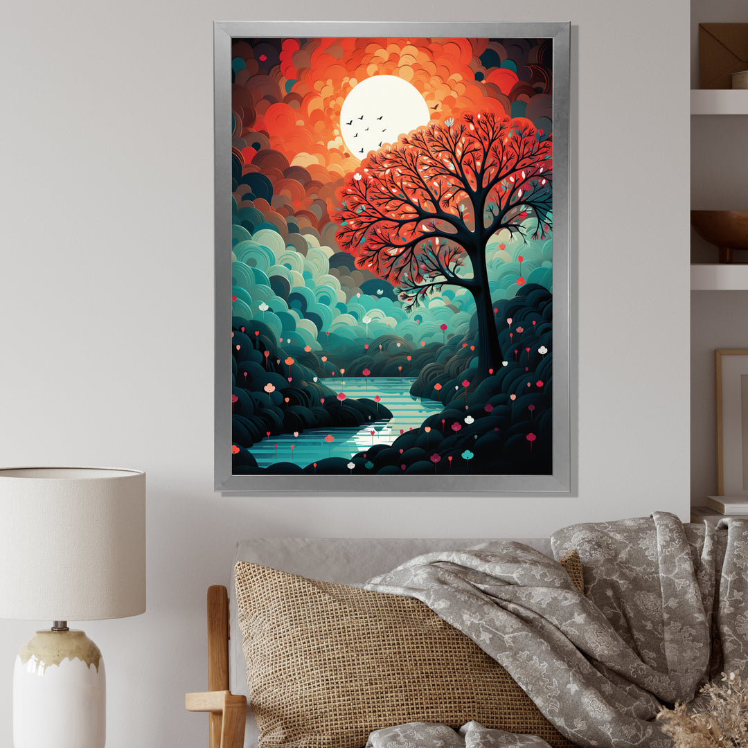 Magical Red Tree Next To Full Moon River - Owl Living Room Wall Art