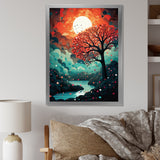 Magical Red Tree Next To Full Moon River - Owl Living Room Wall Art