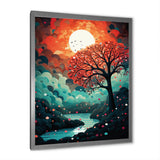 Magical Red Tree Next To Full Moon River - Owl Living Room Wall Art