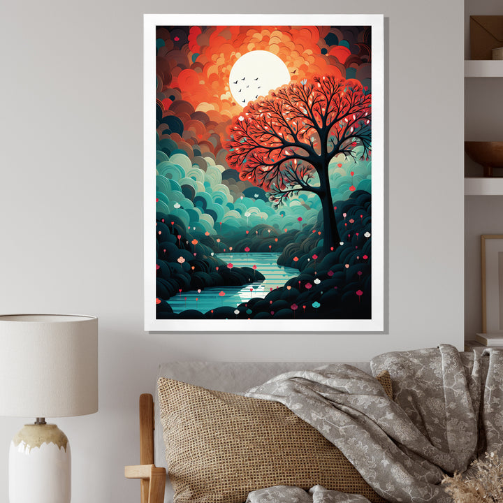 Magical Red Tree Next To Full Moon River - Owl Living Room Wall Art