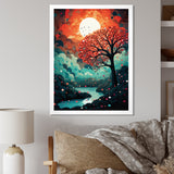 Magical Red Tree Next To Full Moon River - Owl Living Room Wall Art