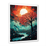 Magical Red Tree Next To Full Moon River - Owl Living Room Wall Art