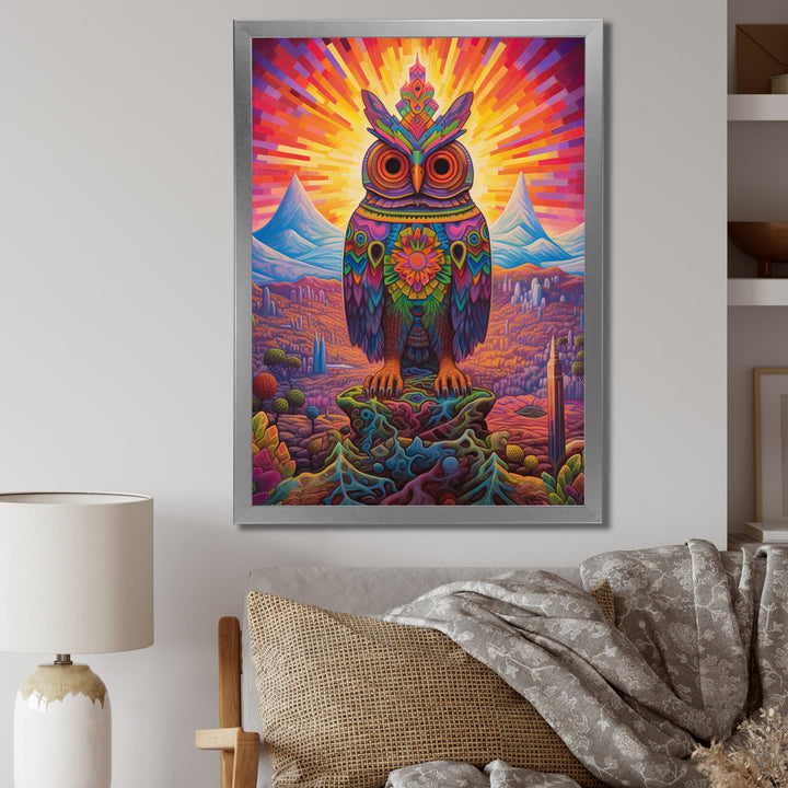 Portrait Of Purple Shamanic Owl Mexican Dessert - Owl Wall Decor