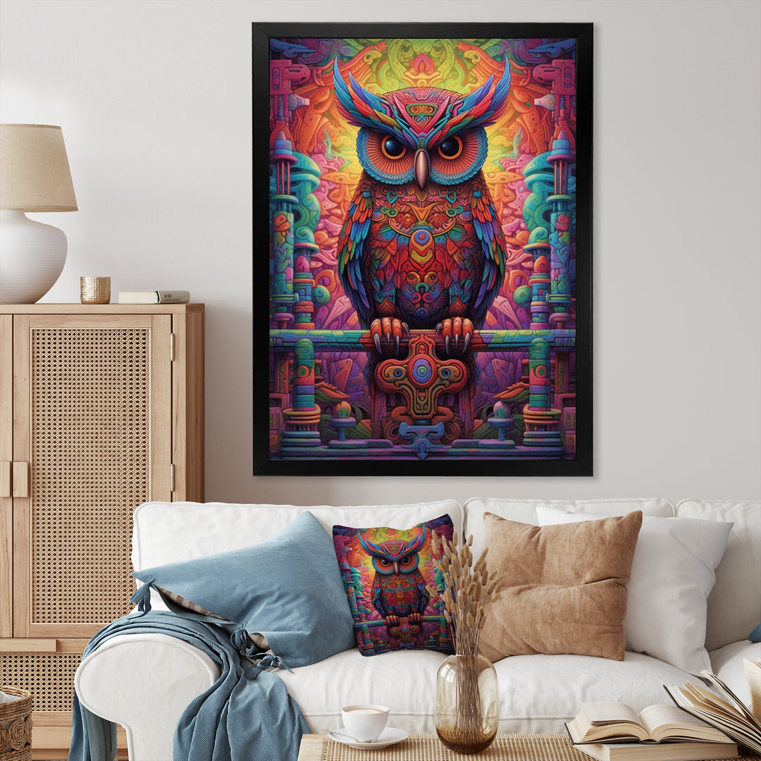 Purple Yellow Colorful Owl gaze - Purple Owl Wall Art