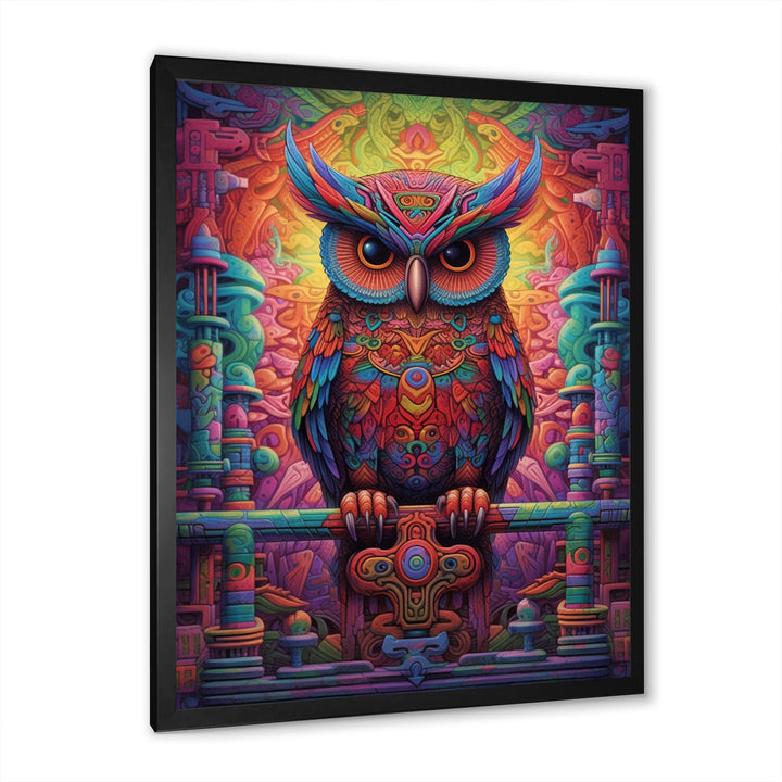 Purple Yellow Colorful Owl gaze - Purple Owl Wall Art