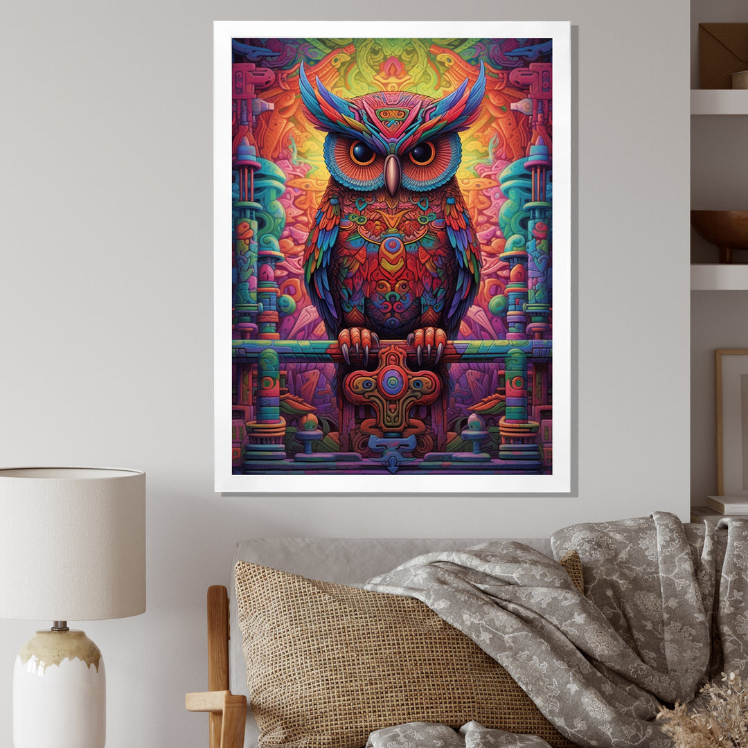 Purple Yellow Colorful Owl gaze - Purple Owl Wall Art