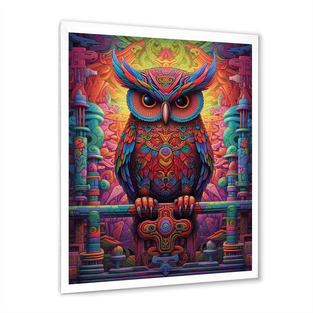 Purple Yellow Colorful Owl gaze - Purple Owl Wall Art