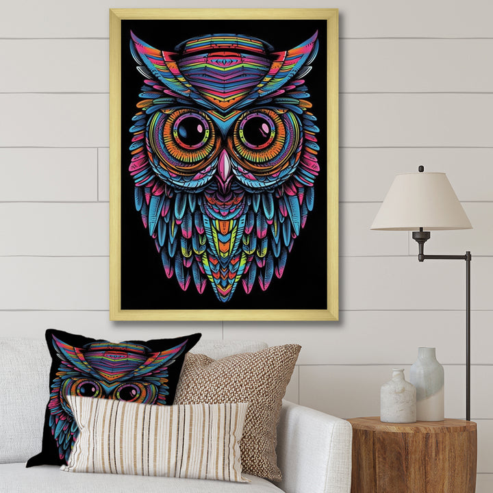 Psychedelic Owl Portrait On Black - Owl Home Decor Art